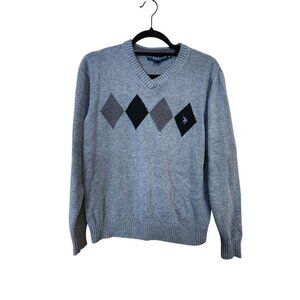 U.S. Polo Assn. Mens Gray Argyle V-Neck Sweater Size M Cotton Blend Casual Knit